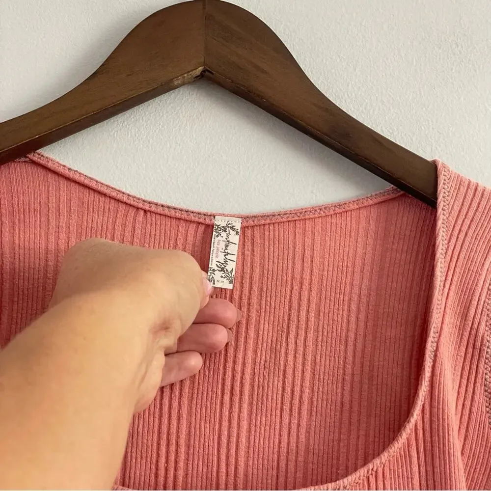 Free People | Women’s Move On Bodysuit Mooncake Pink Ribbed Long Sleeve Bow Cuff